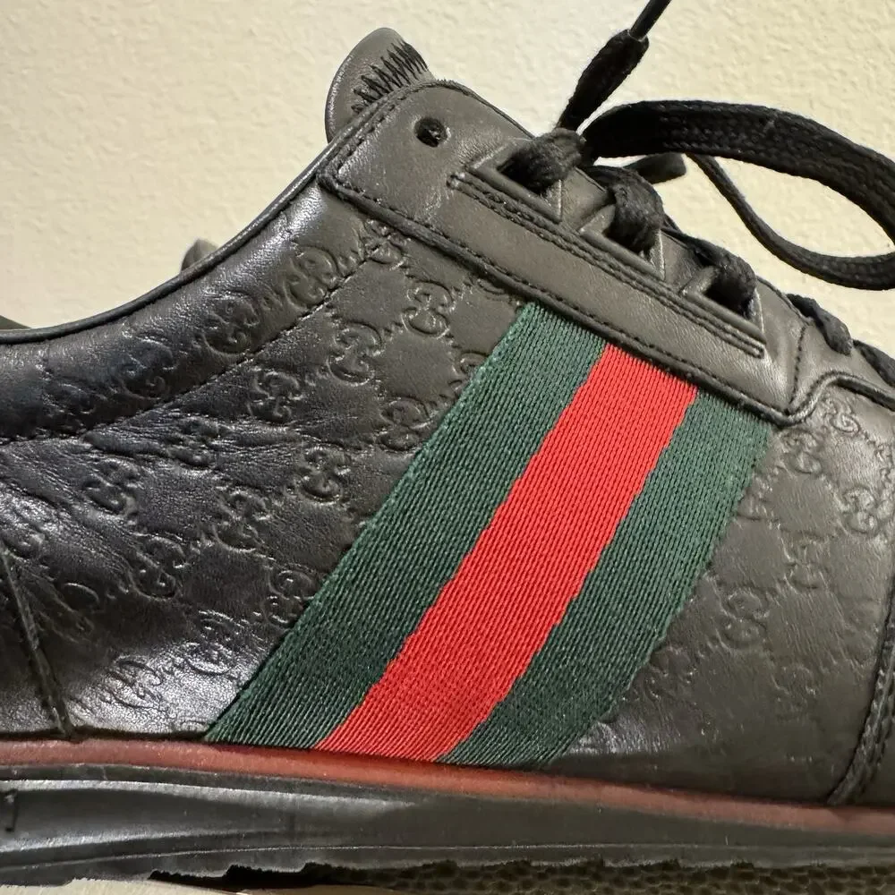 Gucci Shoes Micro Guccissima Black Leather Web Low Top Gucci Sneakers Sz 8 G